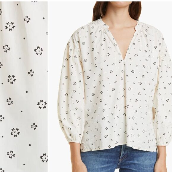 New Apiece Apart Marit Shirred Organic Cotton Blouse in Scattered Floral Small - Picture 1 of 13